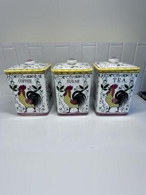 Vintage Early Provincial ROOSTER and ROSES Canisters by UCAGCO Sugar Tea Coffee